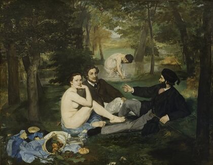Édouard Manet art print, Luncheon on the Grass (Le Déjeuner sur l'herbe), 1863: two men in dark suits and a nude woman sitting on the grass in a wood beside a spilled picnic basket, a woman bathing in a stream behind them.