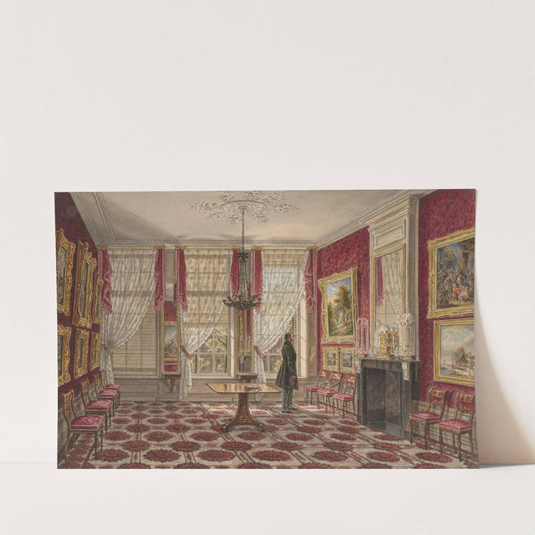 19e eeuws interieur met schilderijen en staande figuur by Augustus Wijnantz