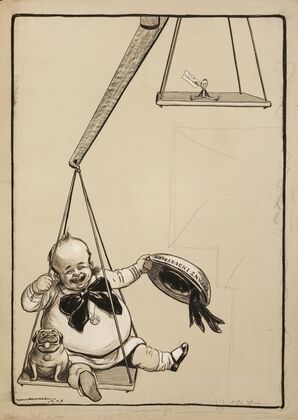 A baby boy representing infant industries and Trusts, with his bulldog representing Wall Street, sits on one end of scale, pulling it all the way down (1904)
