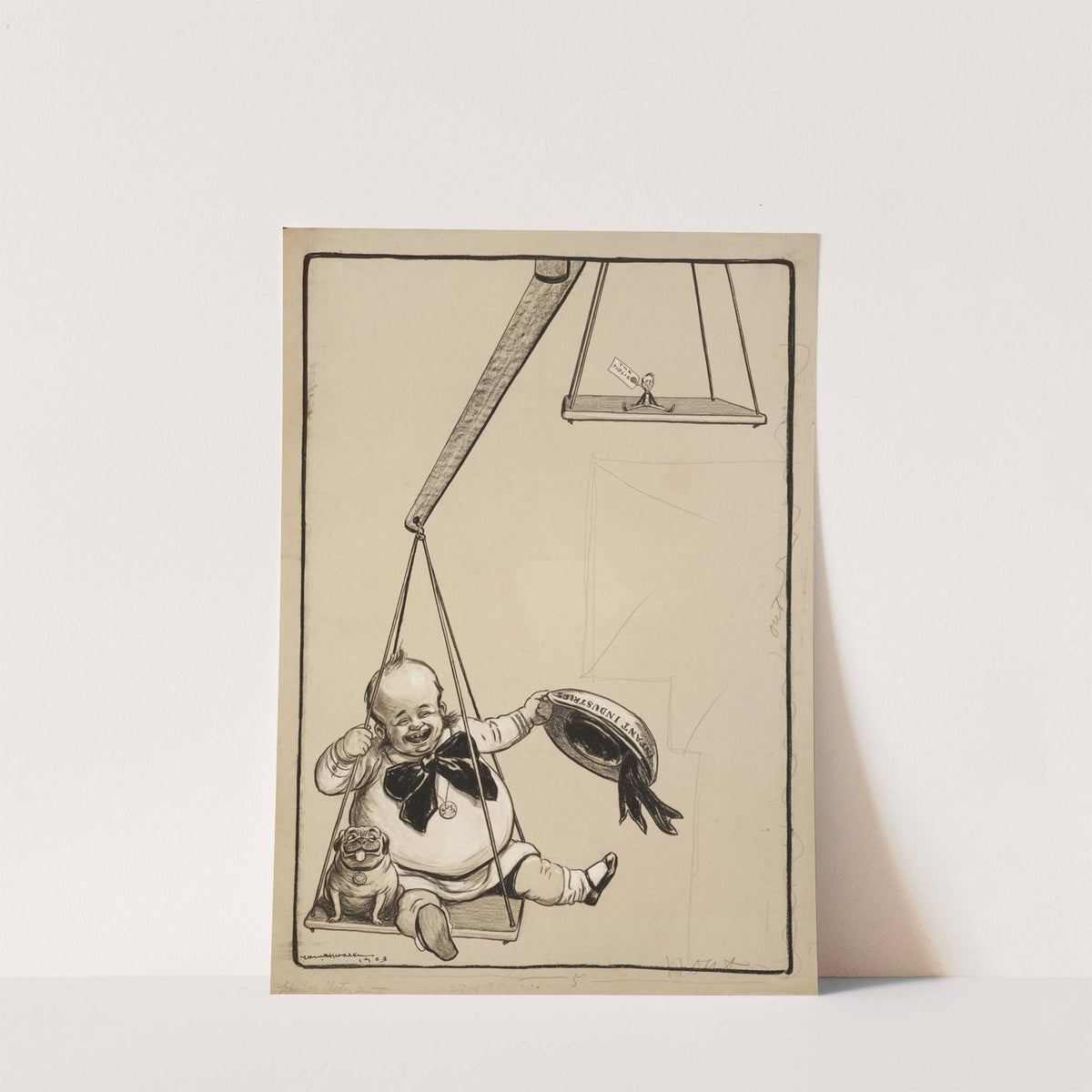 A baby boy representing infant industries and Trusts, with his bulldog representing Wall Street, sits on one end of scale, pulling it all the way down (1904) by William Henry Walker
