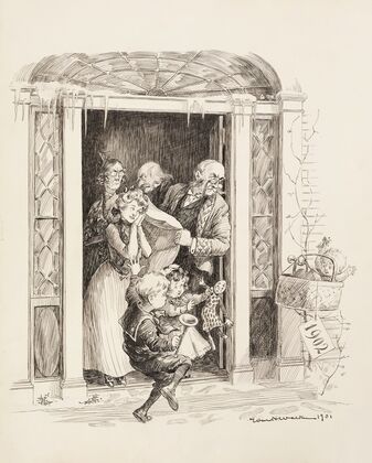 A baby representing the new year of 1902 is left on the doorstep of a house (1902)