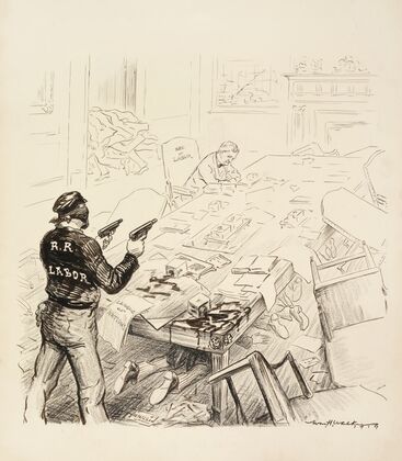 A bandit, representing railroad labor, attacks the cabinet office (1919)