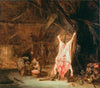 A barn interior with a slaughtered pig, a woman preparing meat and two children beyond