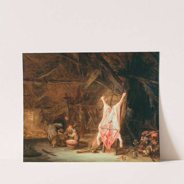 A barn interior with a slaughtered pig, a woman preparing meat and two children beyond by Isaac van Ostade