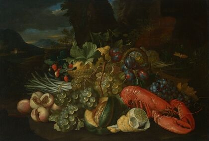 A basket of lemons, asparagus, peaches, a melon, plums, grapes and other fruit with a lobster, in a landscape