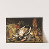 A basket of red and green grapes, a goldfinch, game and a squirrel on a wooden table by Clara Peeters
