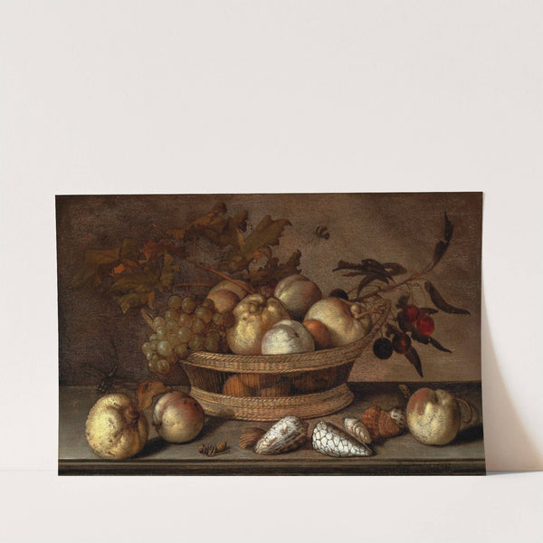 A basket with cherries, apples, peaches and a bunch of grapes, surrounded by apples, peaches, shells, bees and a dragonfly (1647) by Balthasar van der Ast