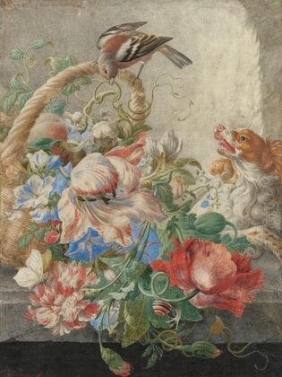 A basket with flowers in a stone niche, with a barking dog and a bird