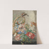 A basket with flowers in a stone niche, with a barking dog and a bird by Herman Henstenburgh