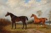 A bay and a chestnut hunter in a wooded landscape (1860)