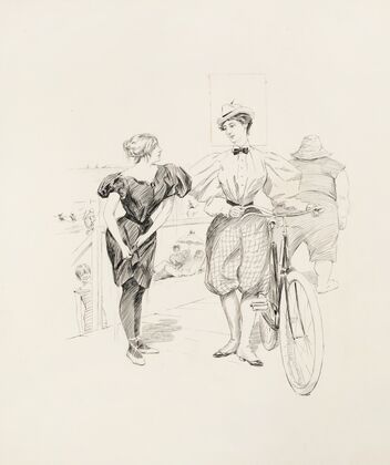 A beach boardwalk. Two women talk, one of them with a bicycle, while others enjoy the beach and water behind them. (1895)