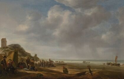 A beach scene with fishermen displaying their catch