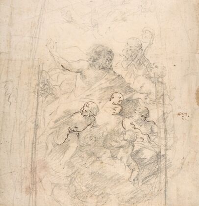 A Bearded Prophet in Glory Attended by a Bishop, Two Other Male Saints, and Angels (Design for a Section of a Dome) (1634–35)