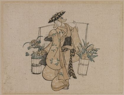 A Beauty Carrying Two Buckets of Flowers