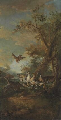 A Bird Of Prey, Ducks And Ducklings In A Landscape