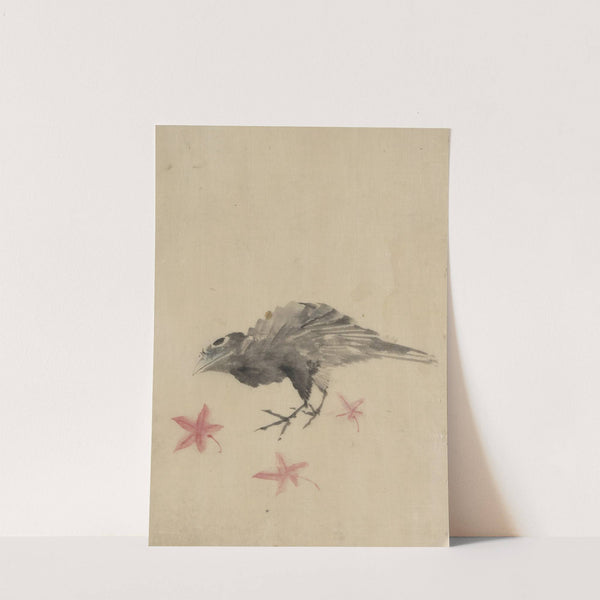 A bird, possibly crow or raven, facing left, standing among leaves with head cocked as though looking closely or listening by Katsushika Hokusai