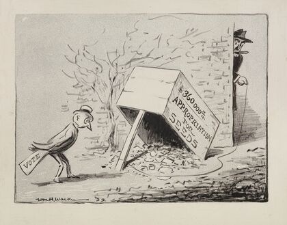 A bird, representing voters, approaches a trap baited with seeds (1922)