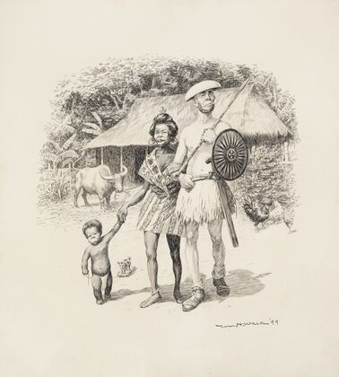 A black family stands before their hut and animals. (1899)