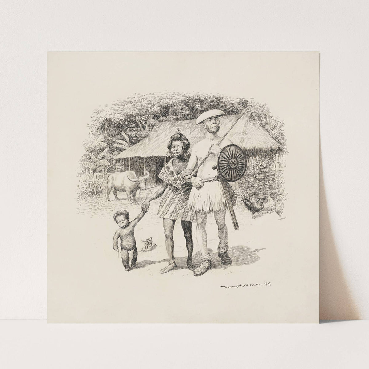 A black family stands before their hut and animals. (1899) by William Henry Walker