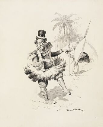 A black man in native dress laughs at another who has mixed native with Western dress. (1896)