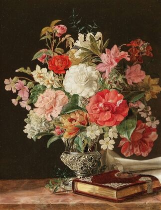 A Bouquet of Flowers with Camellias in a Silver Vase