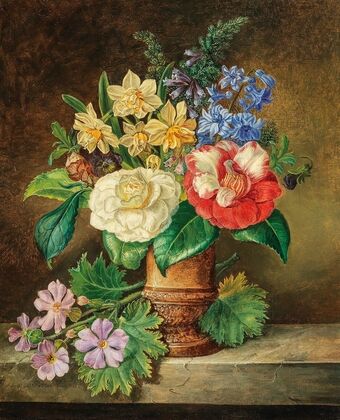 A Bouquet of Flowers with Daffodils and Camelias