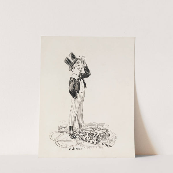 A boy at age 13, puzzled that his toy trains have crashed after having set up the tracks to run in overlapping loops (1911) by William Henry Walker