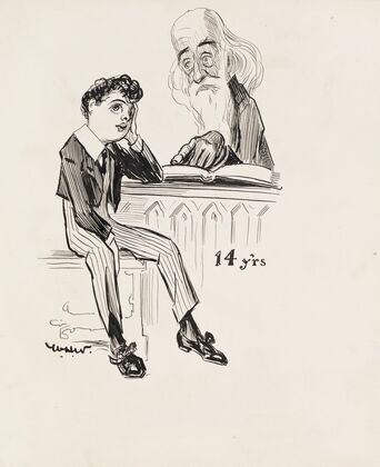 A boy at age 14, staring into space daydreaming while an old man tries to teach him from a book. (1911)