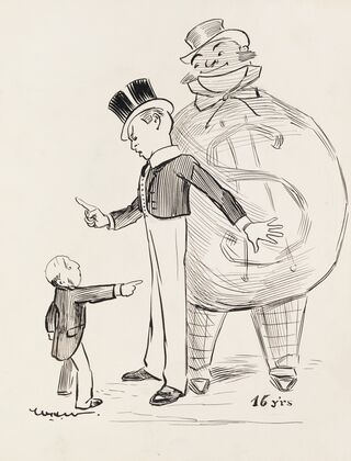 A boy at age 16, angrily looking down on a small man and protecting a fat man behind him who is depicted as a large bag of money (1911)