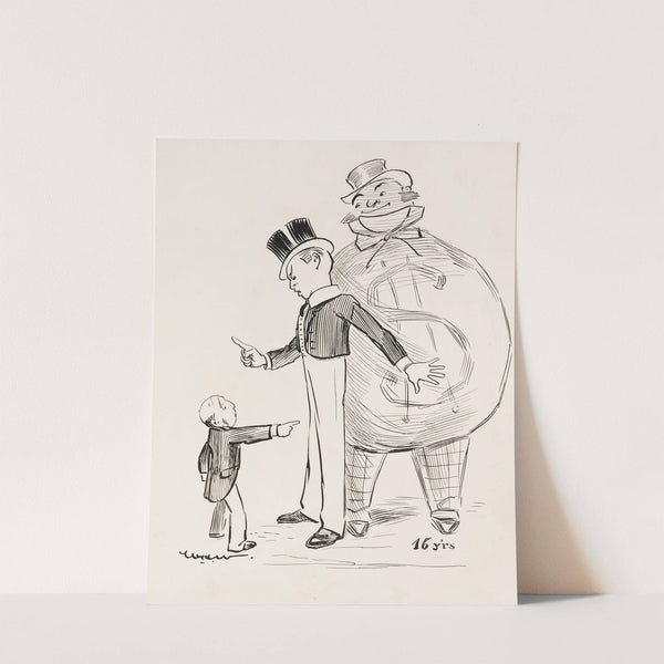 A boy at age 16, angrily looking down on a small man and protecting a fat man behind him who is depicted as a large bag of money (1911) by William Henry Walker