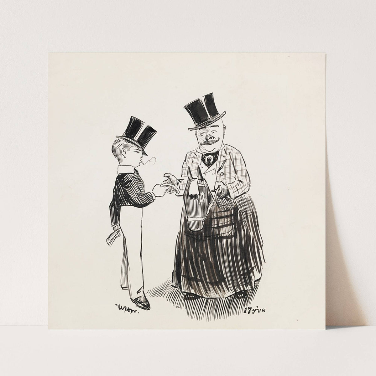 A boy at age 17, smoking and handing money to a man riding a fake horse (1911) by William Henry Walker