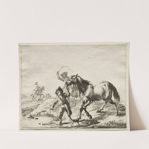 A boy taking a horse to drink by Dirck Stoop
