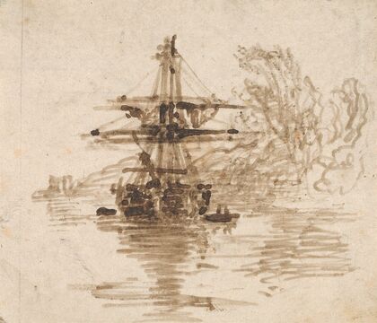 A Brig at Anchor, Trees Beyond