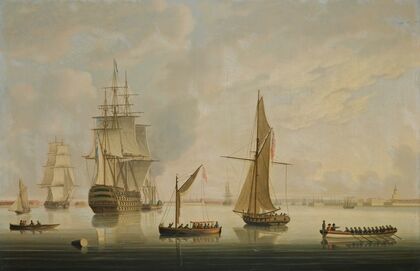 A British Man-Of-War Being Towed Into Portsmouth Harbour By A Steam Tug