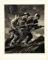 A British soldier and a Russian soldier charging with rifles