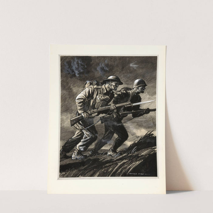 A British soldier and a Russian soldier charging with rifles by Rowland Hilder