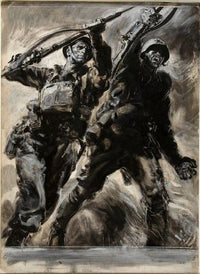 A British soldier and a Russian soldier with rifles raised