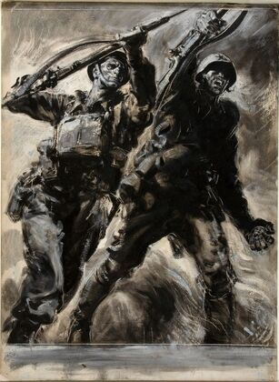 A British soldier and a Russian soldier with rifles raised