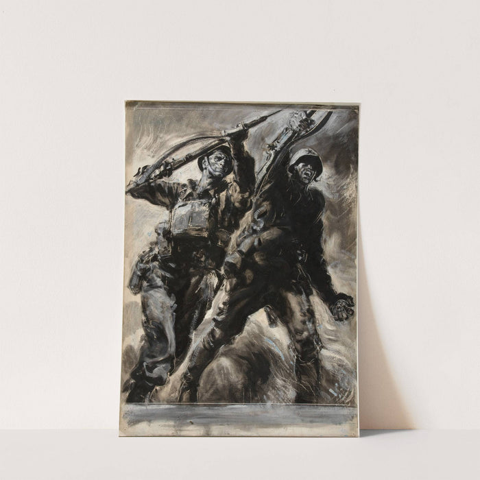 A British soldier and a Russian soldier with rifles raised by Rowland Hilder