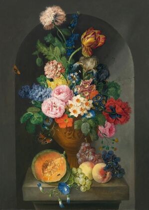 A Bronze Urn Of Flowers, With A Melon, Peaches And Grapes, A Butterfly And A Caterpillar — size preview