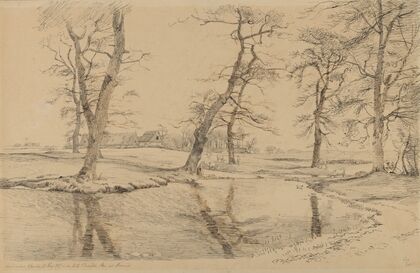 A Brook near a Farm in Usserød with Cows and Two Figures
