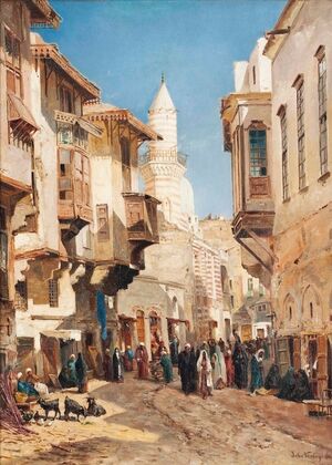 A bustling street before the mosque of Emir Mindar, Cairo
