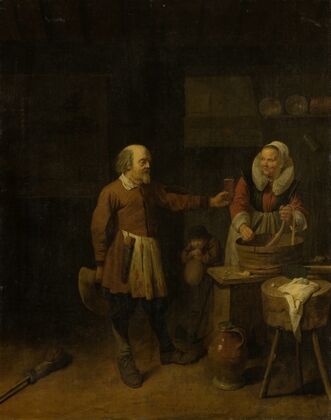 A Butcher Offering a Woman a Glass of Beer