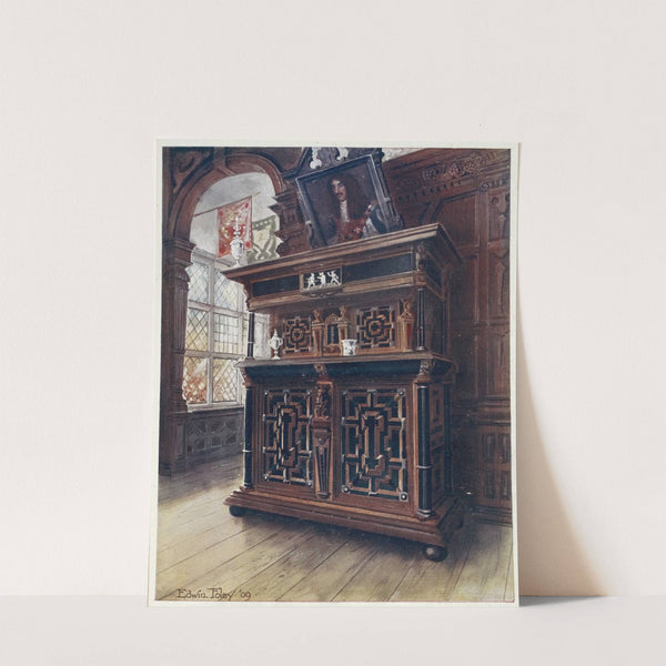 A cabinet of oak and walnut, with ebony panels and columns, inlaid with rosewood and ivory engraved by Edwin Foley