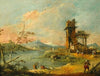 A capriccio of a rustic tower beside a lake, with mountains beyond