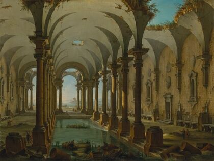 A capriccio of partially ruined baths with people swimming