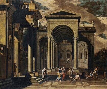 A Capriccio Of The Exterior Of An Elaborate Palace With Saint Peter Healing The Lame