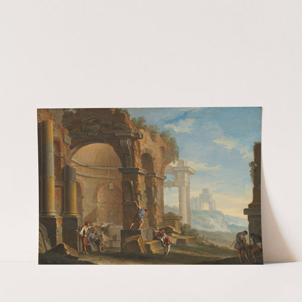 A capriccio with figures conversing by classical ruins by Sebastiano Ricci