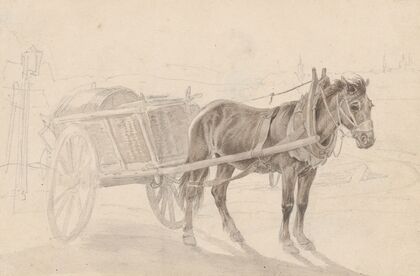 A Cart Drawn by a Brown Horse Near a Lamp Pole