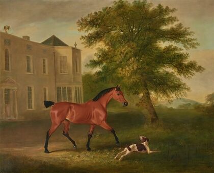 A chestnut horse and a hound outside Humewood Manor, co. Wicklow